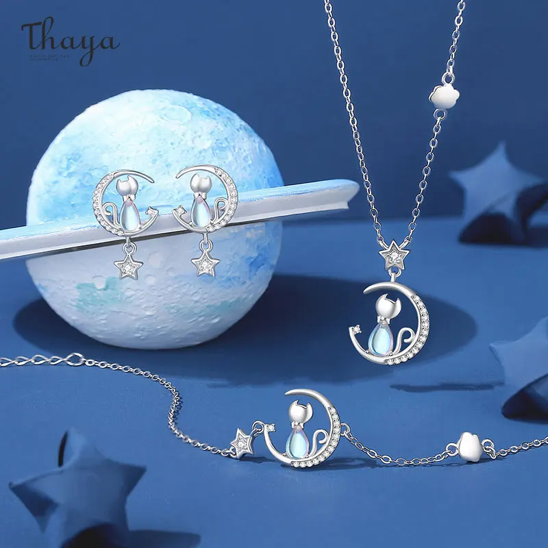 

Thaya S925 Sterling Silver Jewelry Set Elegance Cat Necklaces for Women Moonstone Luxury Earring Engagement Party Fine Jewelry