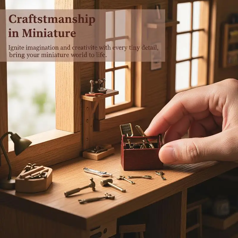 1:12 Scale Dollhouse Miniature Tool Kit, Metal Hammer Pliers Wrench Set with Wooden Box for DIY Craft Collection Gifts