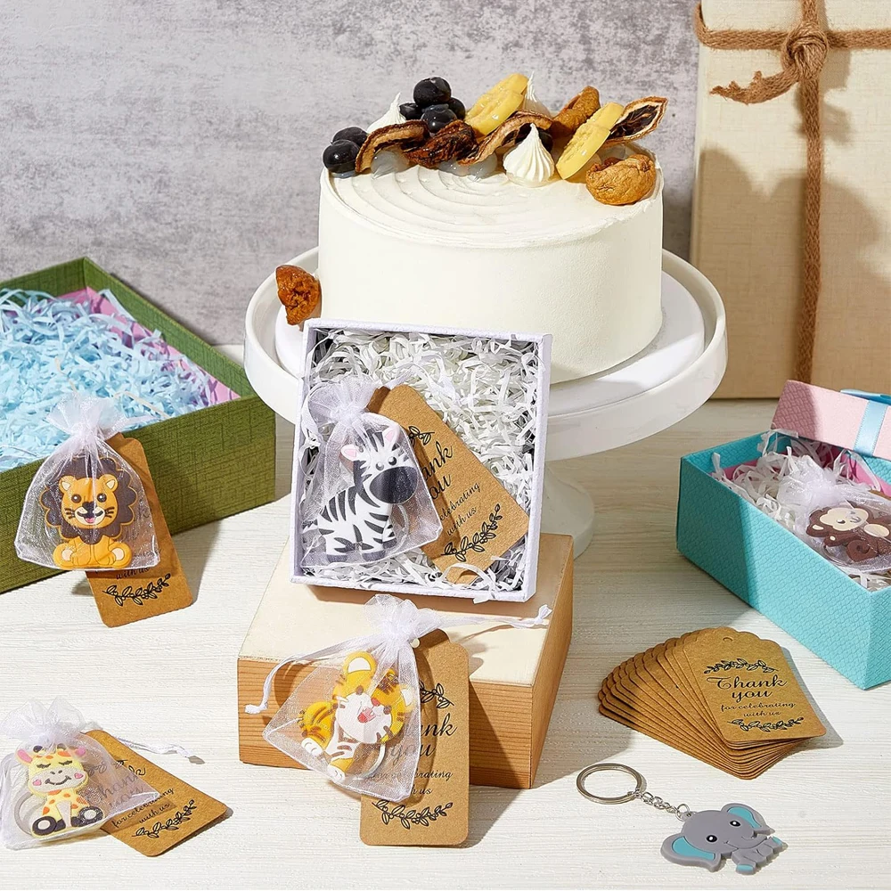 12 sets animal keychain party gifts with thank-you kraft paper labels organza bags  baby showers and birthday party decorations
