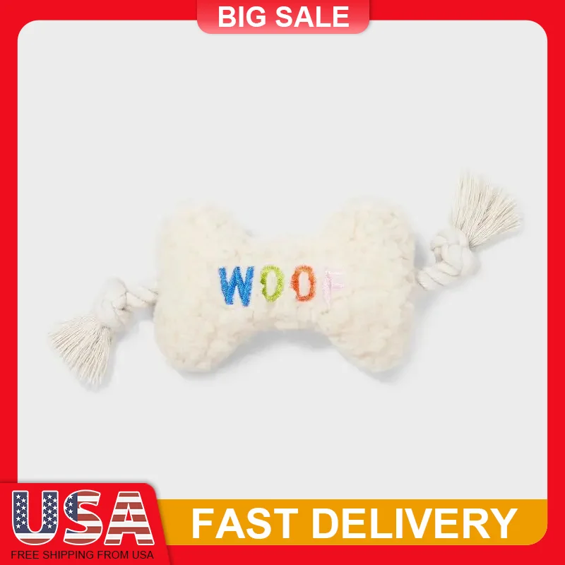 

Plush Bone Dog Toy with Rope 12.5 Inch Soft Squeaky Chew Toy for Mild Chewers Fetch Cuddle Play WOOF Design Pet Gift