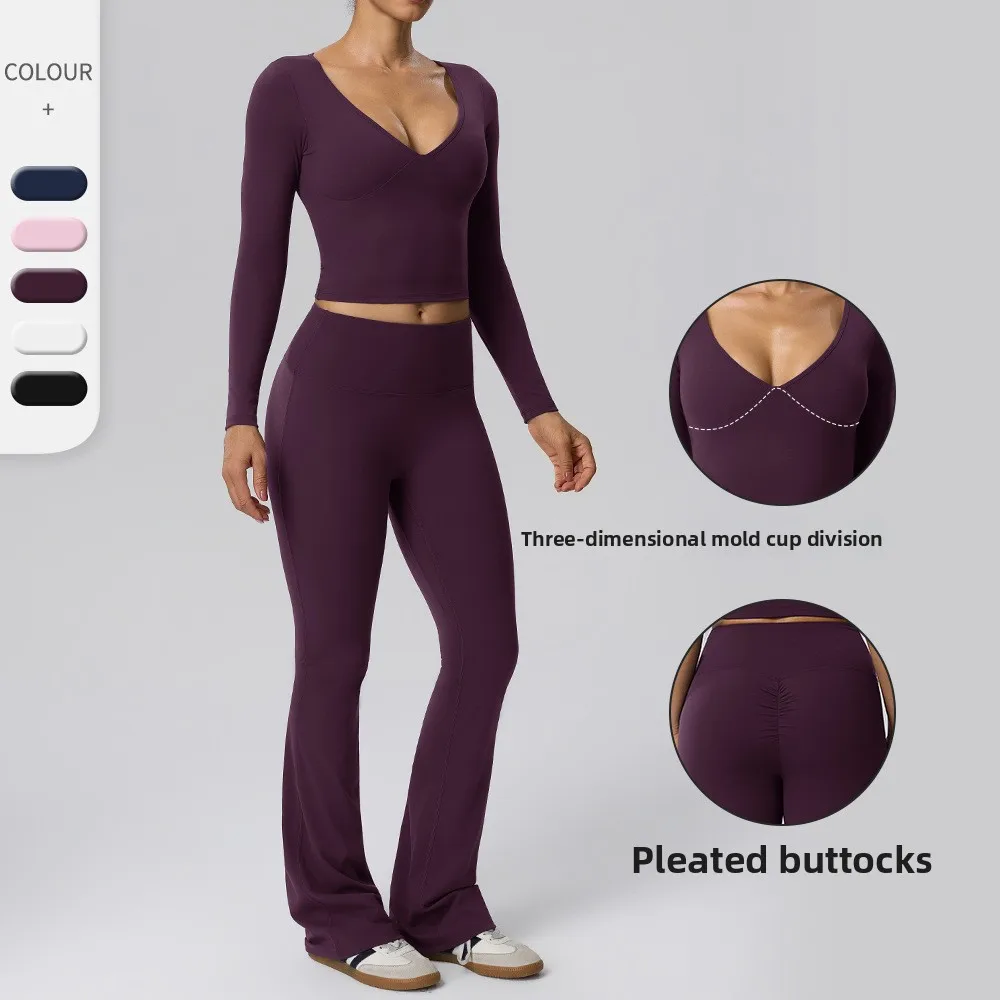 Women quick drying yoga suit set long sleeved tight elastic slightly flared high waisted pants sports fitness suit two-piece set