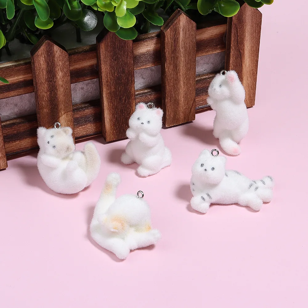 20pcs 3D Flocking Resin Cat Charms Animal Plush Doll Pendants for Necklaces Earrings Handmade Making DIY Jewelry Accessories