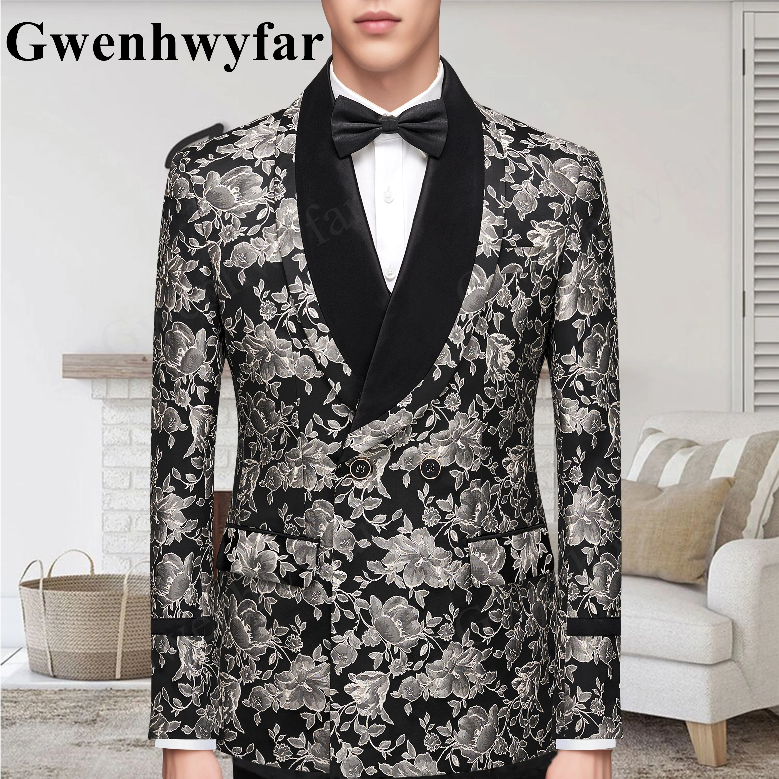 

Gwenhwyfar 2025 New Arrival Fashion Black Bottom Silver Flower Fabric Suit Black Shawl Lapel Double Breasted Slim Fit 2 Pieces