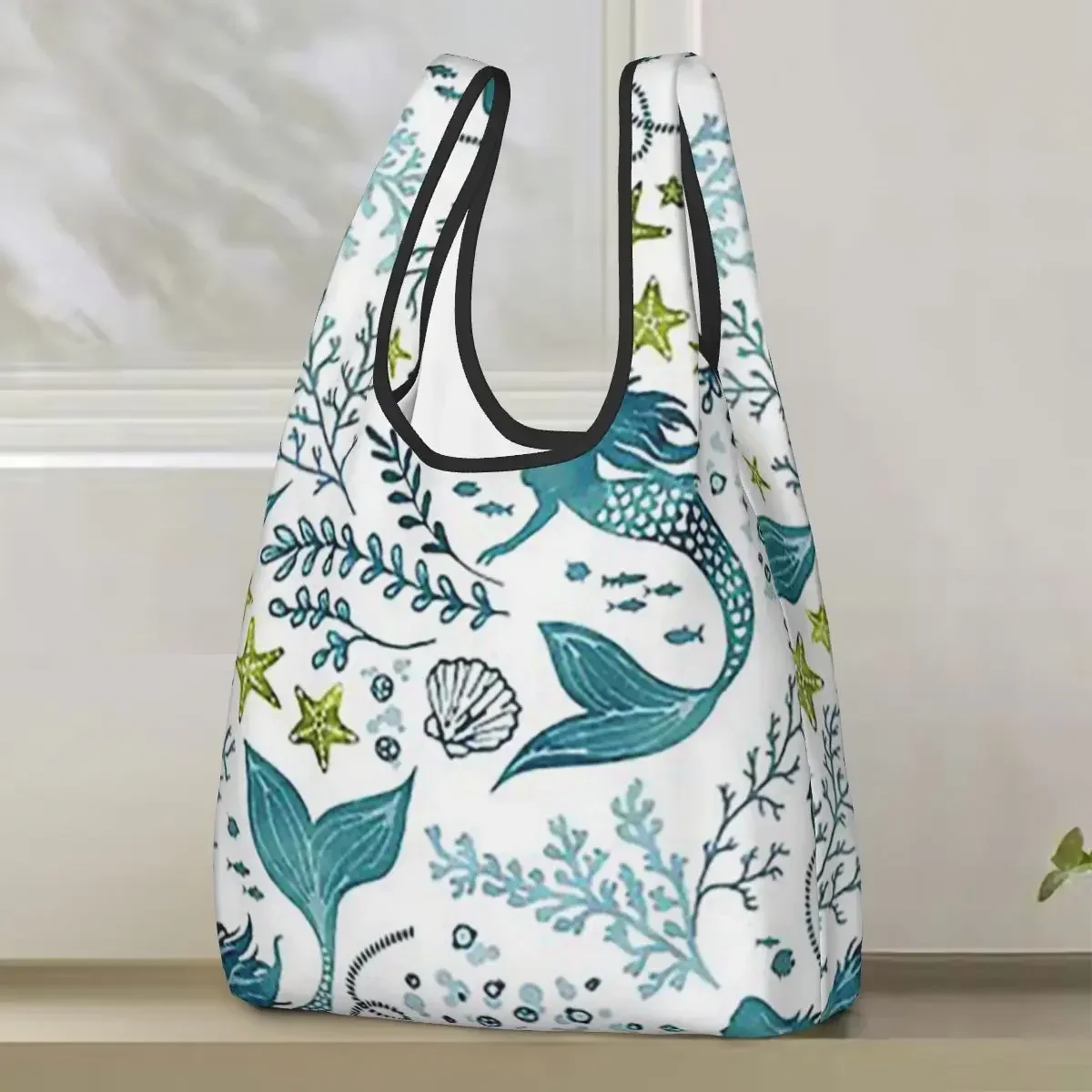 Mermaid Ocean Light Shopping Bag Portable Tote Bags Reusable Shoulder Shopper Bag Grocery Handbag