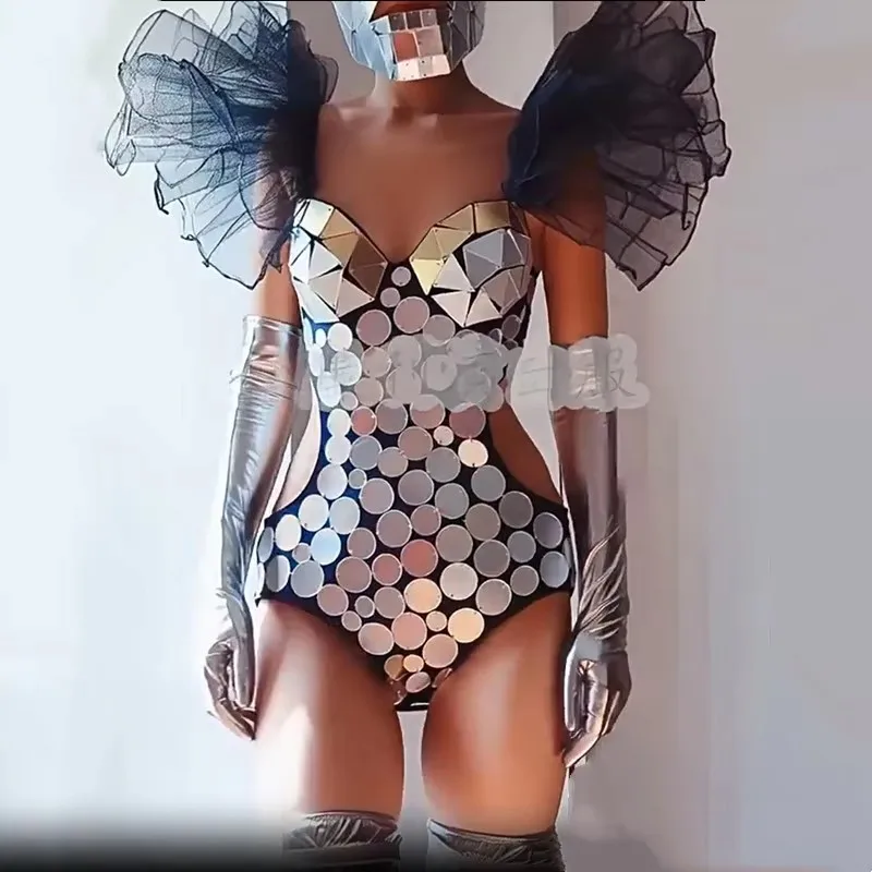 Damski seksowny srebrny kombinezon bikini z efektem lustra, kostium sceniczny do tańca dla piosenkarki, tancerki, na imprezę w barze, klubie nocnym, na pokaz.