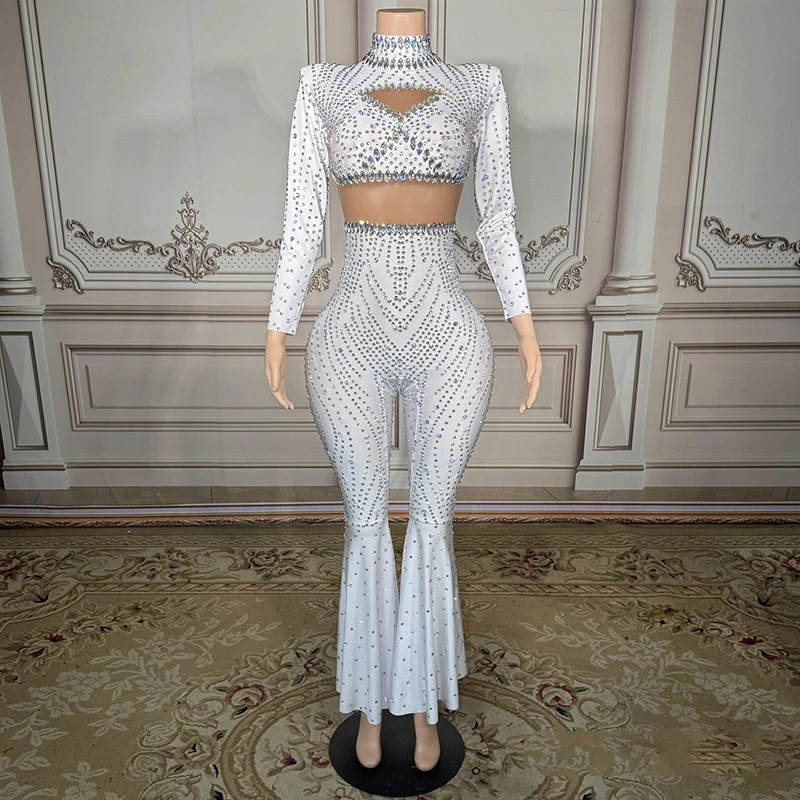 White Long Sleeve Rhinestone Bodysuit Singer Showgirl Performance Outfit Nightclub Gogo Dance Costume Party Show Clothing 4234