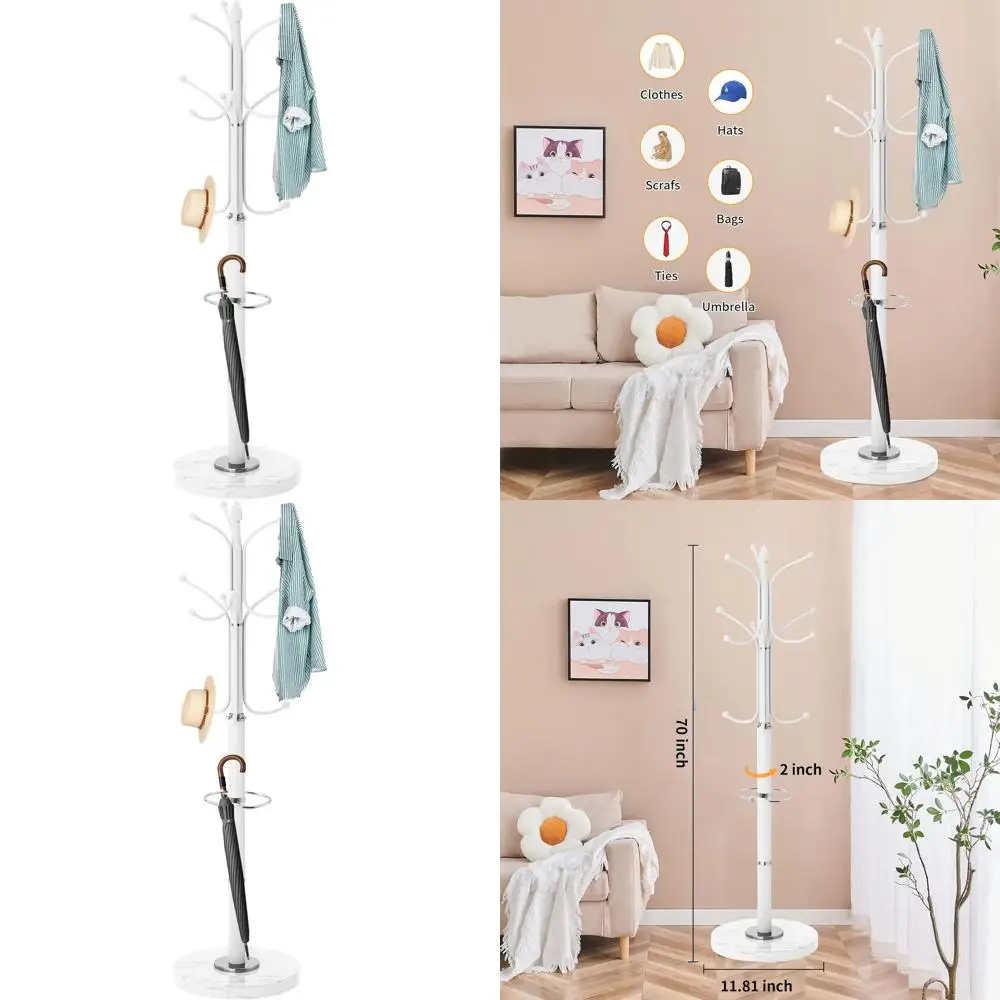 

Stylish Marble Base Coat Rack with 12 Hooks and Umbrella Stand for Home or Office Entryway