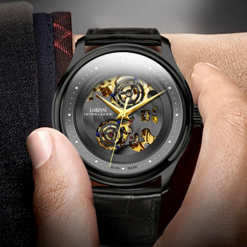 

LOBINNI Мужские автоматические часы 41,5 мм Механические наручные часы Сапфировый скелетонизированный циферблат Сапфировое зеркало