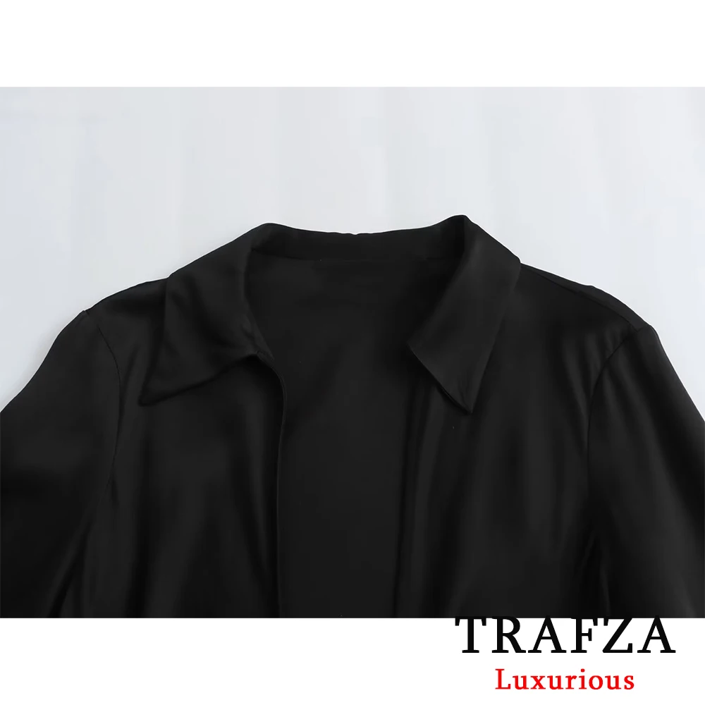 Trafza-女性のためのセクシーな黒のサテンの蝶ネクタイシャツ,長袖,Vネック,スリム,エレガント,ファッショナブル,夏,2024