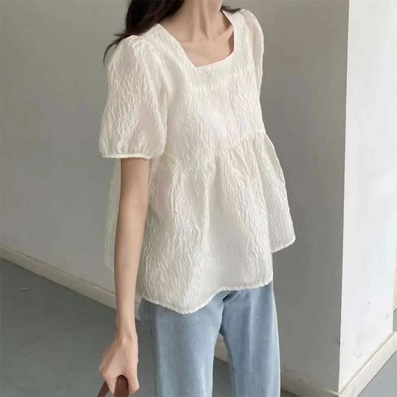 Summer New Loose Women's Shirt Square Collar Bubble Sleeve Texture Sensation Meat Covering Short Sleeve Top Doll Shirt