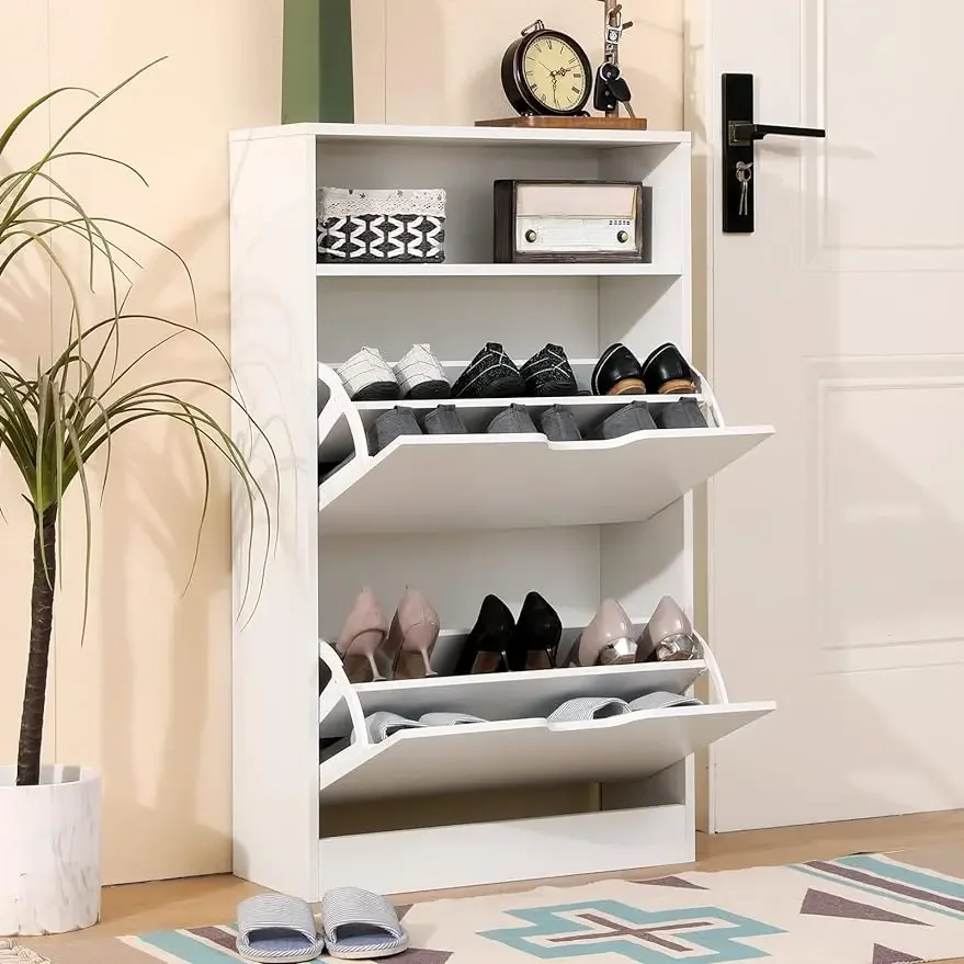 

Shoe Cabinet with 2 Flip Drawers White Freestanding Storage Racks for Entryway Hidden Narrow Shoe Organizers Perfect for Heels