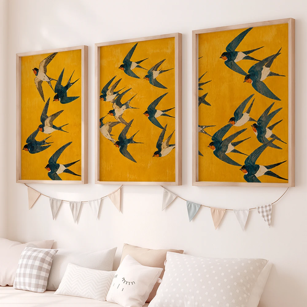 Set of 3 Flying Swallow Wall Art Canvas Prints Mustard Yellow Bird Poster Mid Century Modern Nursery Decor Modern Home Decor