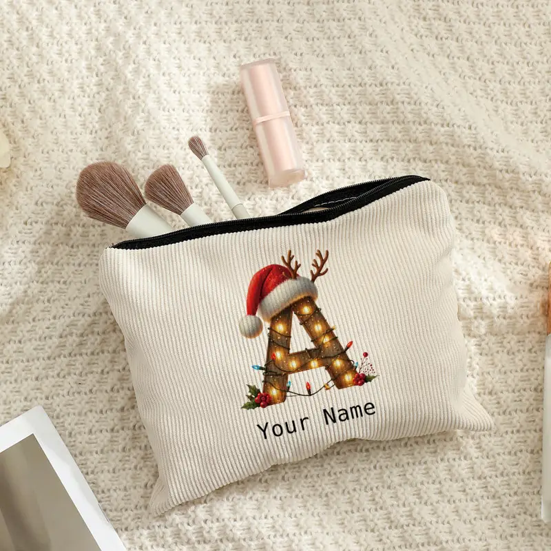 Custom Name Christmas Light Reindeer Antler Letter A-Z Corduroy Cosmetic Bag Portable Travel Makeup Pouch Storage Bag Xmas Gift