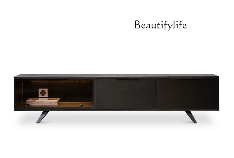 

Italian Minimalist TV Cabinet with Light Designer Model Small Apartment Solid Wood Low Cabinet European Entry Lux Floor Cabinet