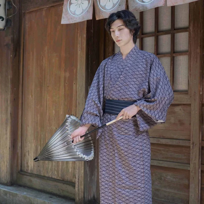 Honshu Trend Men's Traditional Japanese Kimono Retro Yukata Gold Ingot Pattern Formal Wear Hokkaido Hot Spring Home Nightgown