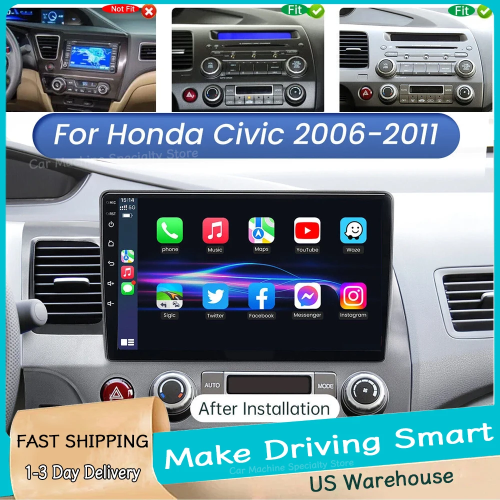 2G+64GB 10Inch Android 15 For Honda Civic 2006-2011 Car GPS Navigation Multimedia Player Radio Tape Recoder Head Unit Carplay