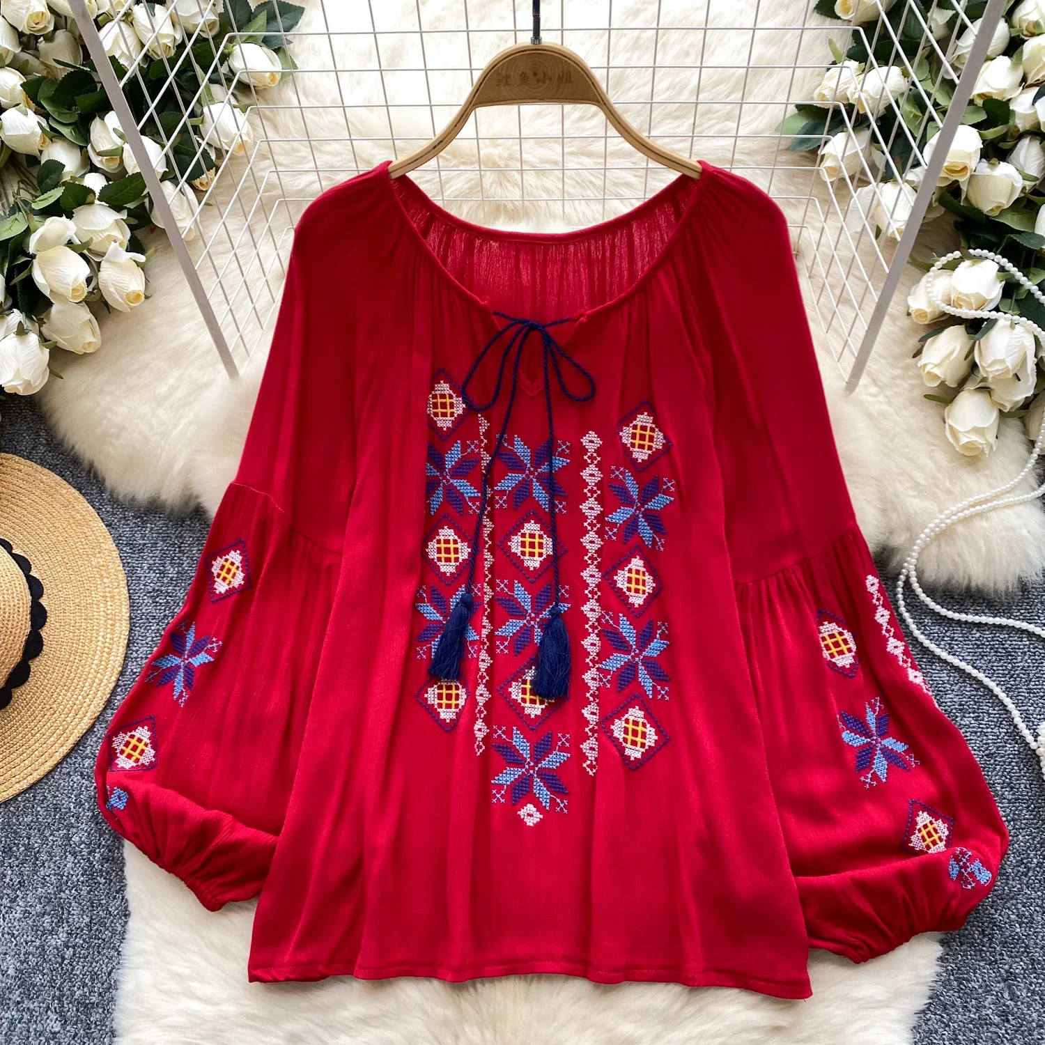 Vintage Elegant Embroidery Lantern Sleeve Blouse Fashion O-neck  Shirt  Casual Chic Top Fairy  Summer Women