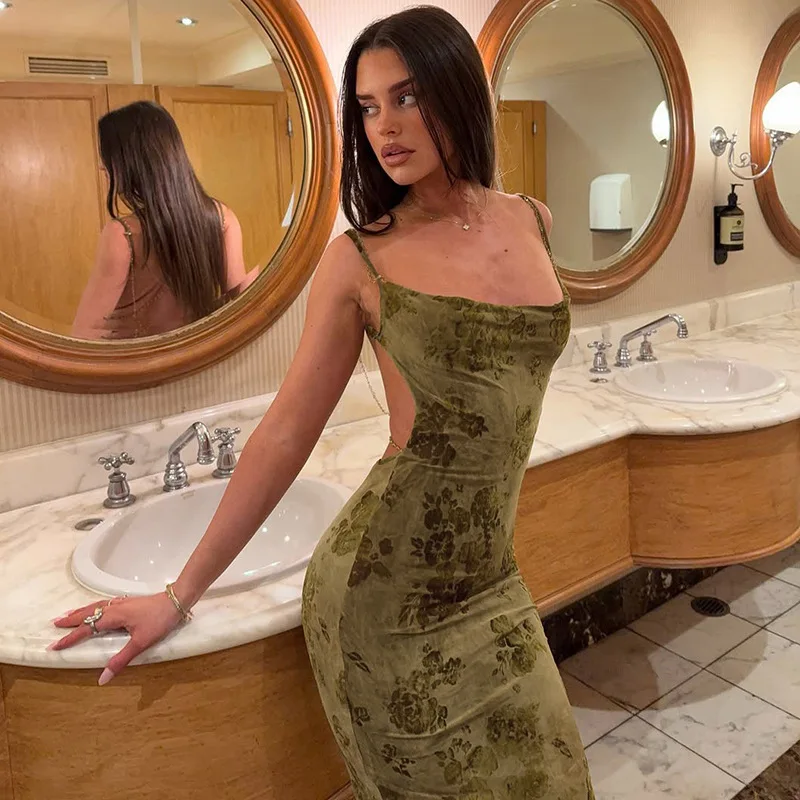 Metalen ketting backless bloemen massaal bodycon maxi feestjurk vrouwen sexy lage borst spaghettibandjes slanke prom lang gewaad clubwear