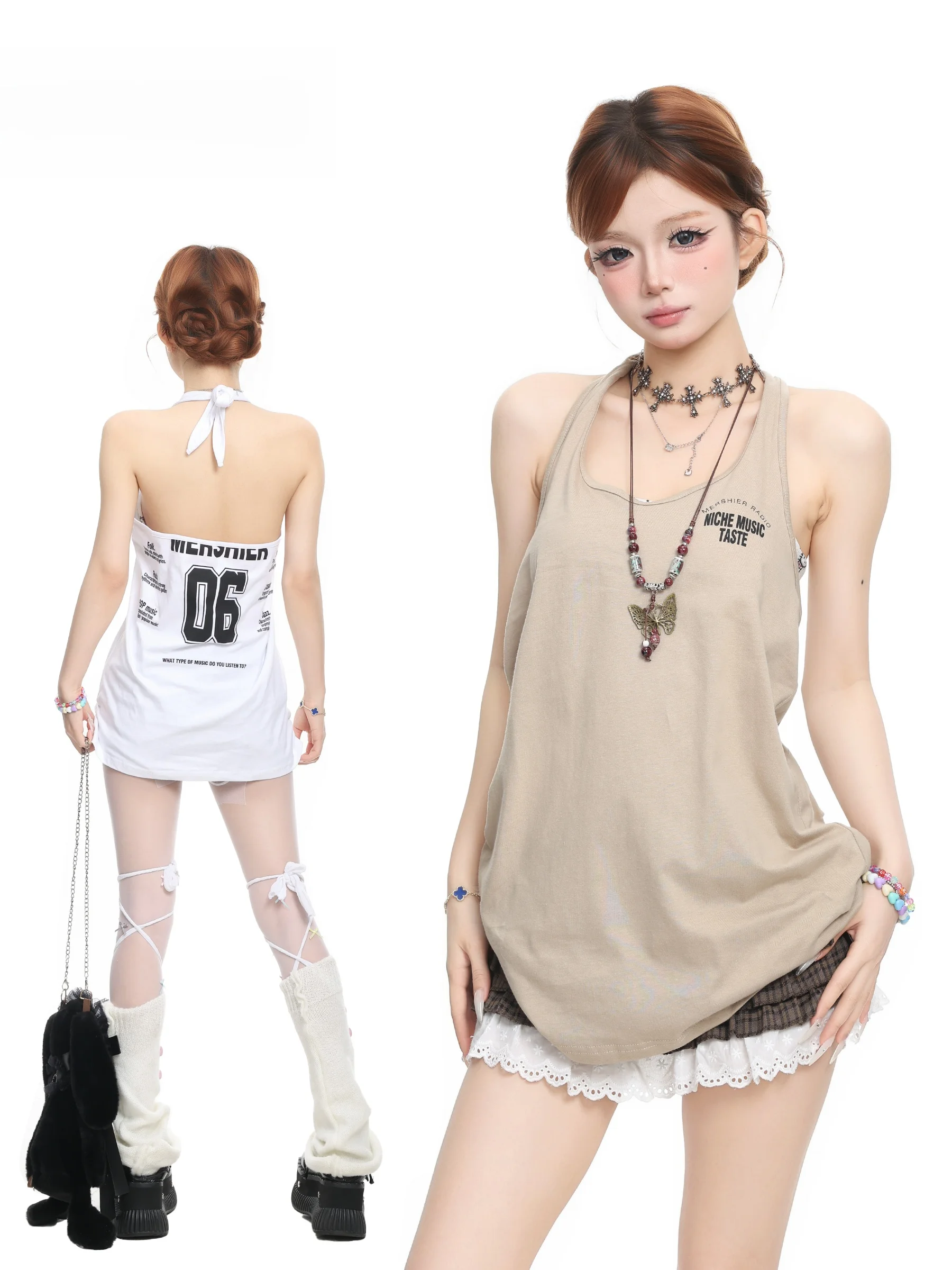

BASTERDS American Style Letter Print Halter Backless Tank Top Women Summer Loose Casual Sleeveless Shirt Cotton Breathable