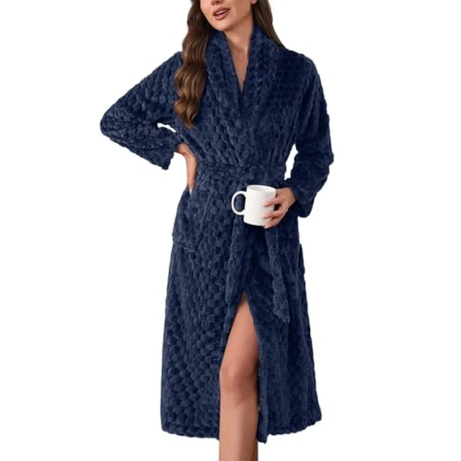 

Женский халат Ekouaer, длинный плюшевый мягкий халат, жаккардовый халат с цветными блоками, одежда для сна с воротником-шалью и карманами