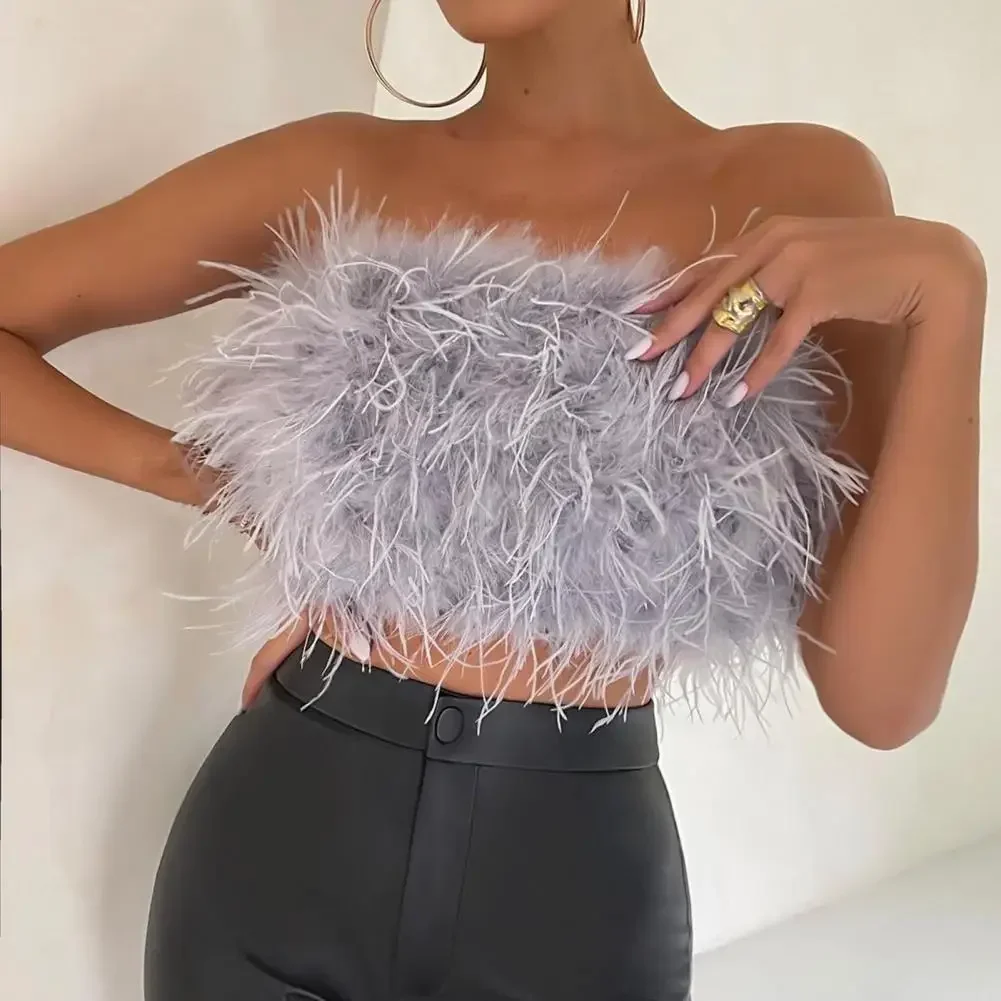 Sexy Feather Strapless Tank Tops Women Summer Party Club Sleevelss Fluffy Fashion Tops Female 2022