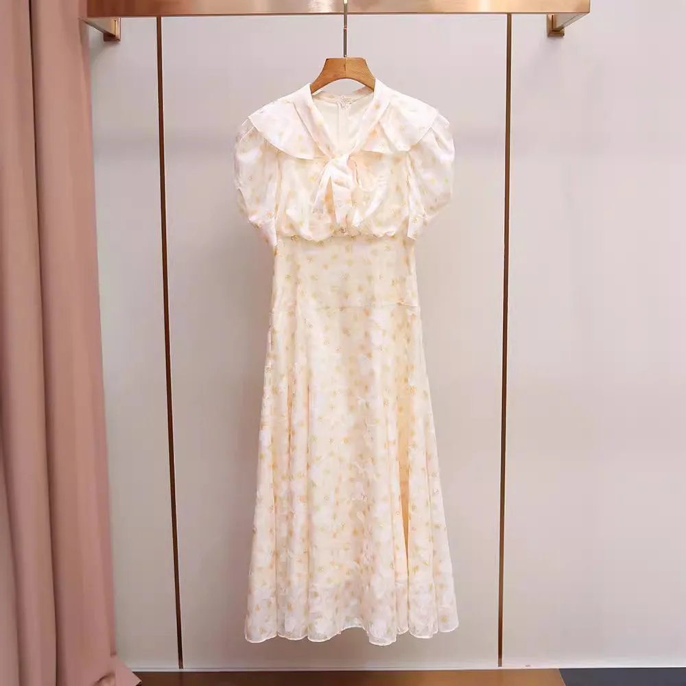 

Elegant Knot Bubble Short Sleeve Waist Cinched Long Print Dress Summer New Style High Waist A-Line Skirt Commute Style