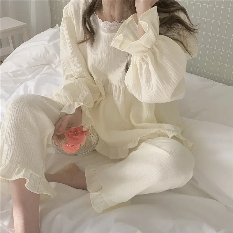 Korea Style Women's Pajama Set Long Sleeve Spring Ladies Sleepwear 2 Pcs with Pant Solid Lace Loose Home Clothes for Female