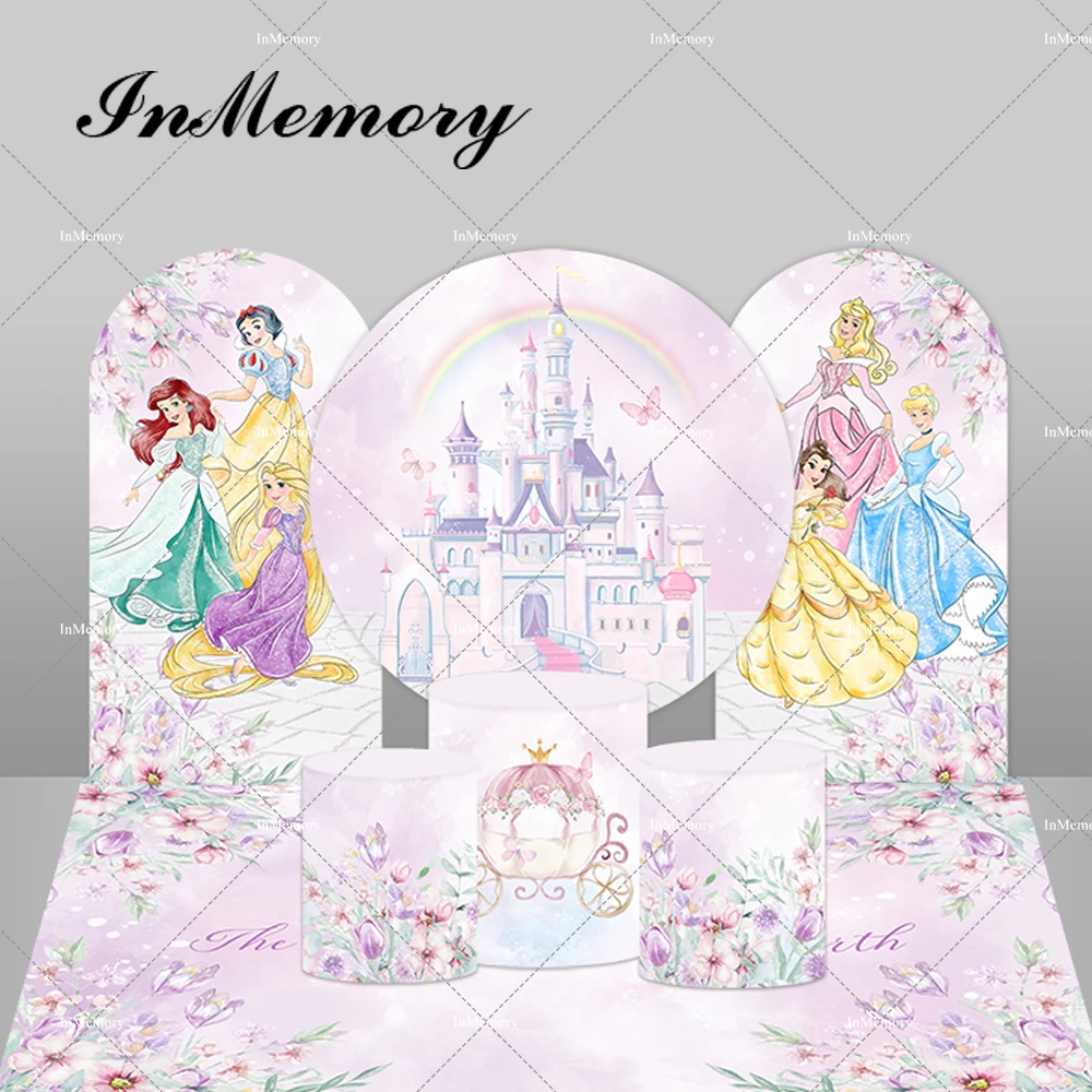 

Disney Rainbow Castle Princess Arch Backdrop Cover For Girls Pink Baby Shower Birthday Party Background Floral Arch Banner