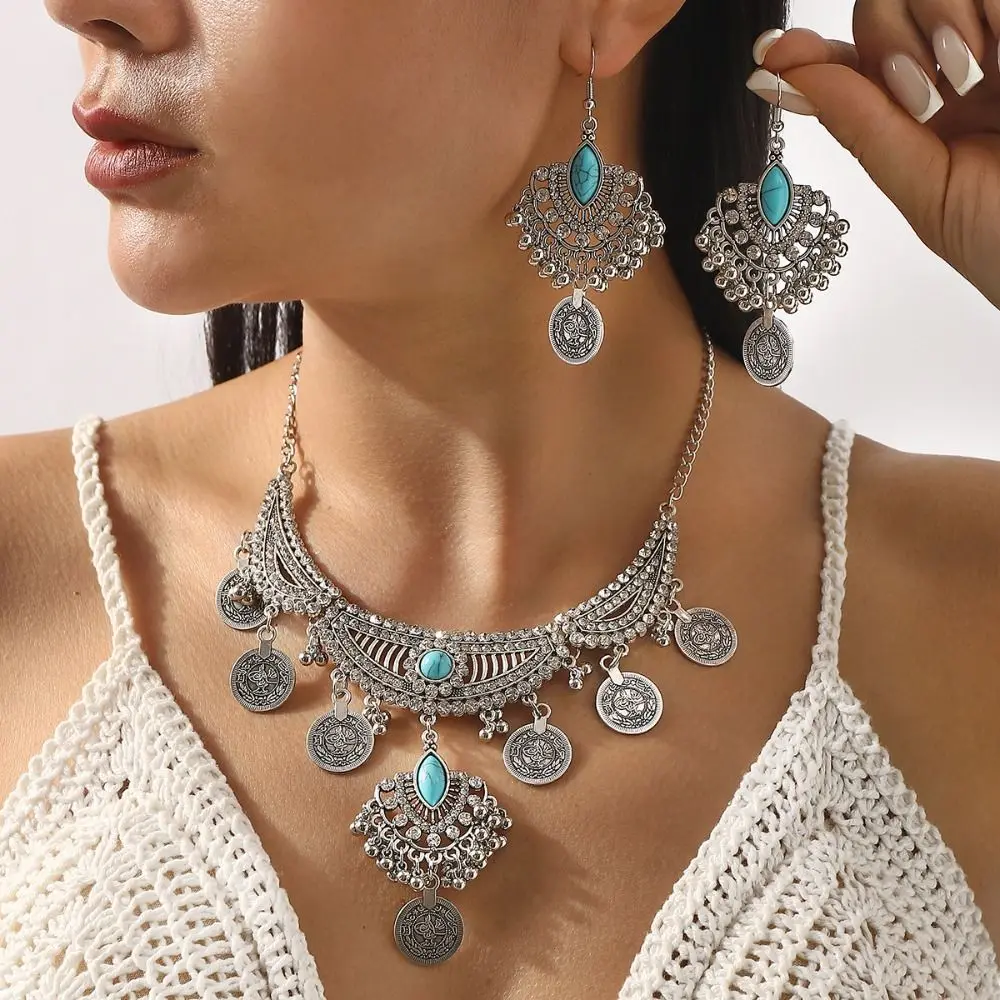 Koreanischen Stil Kristall Schmuck Set Böhmen Türkis Strass Quaste Ohrring Kopf Kette Ohrringe Funkelnde Halskette Hochzeit