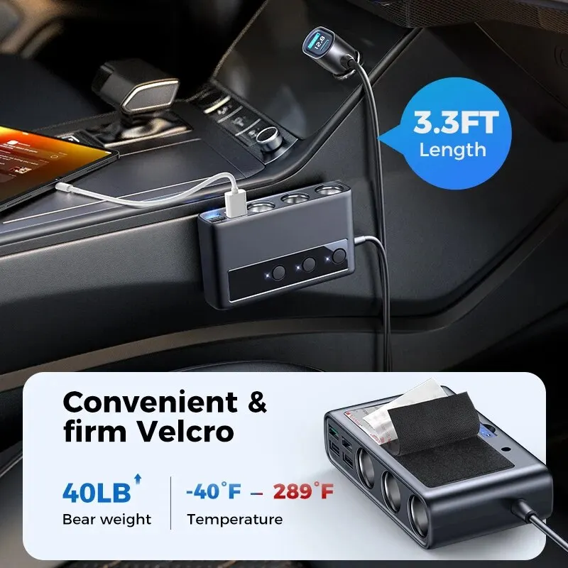Joyroom 154W 9 in 1Car Charger Adapter PD 3 Socket Cigarette Lighter Splitter Charge Independent Switches DC Cigarette Outlet
