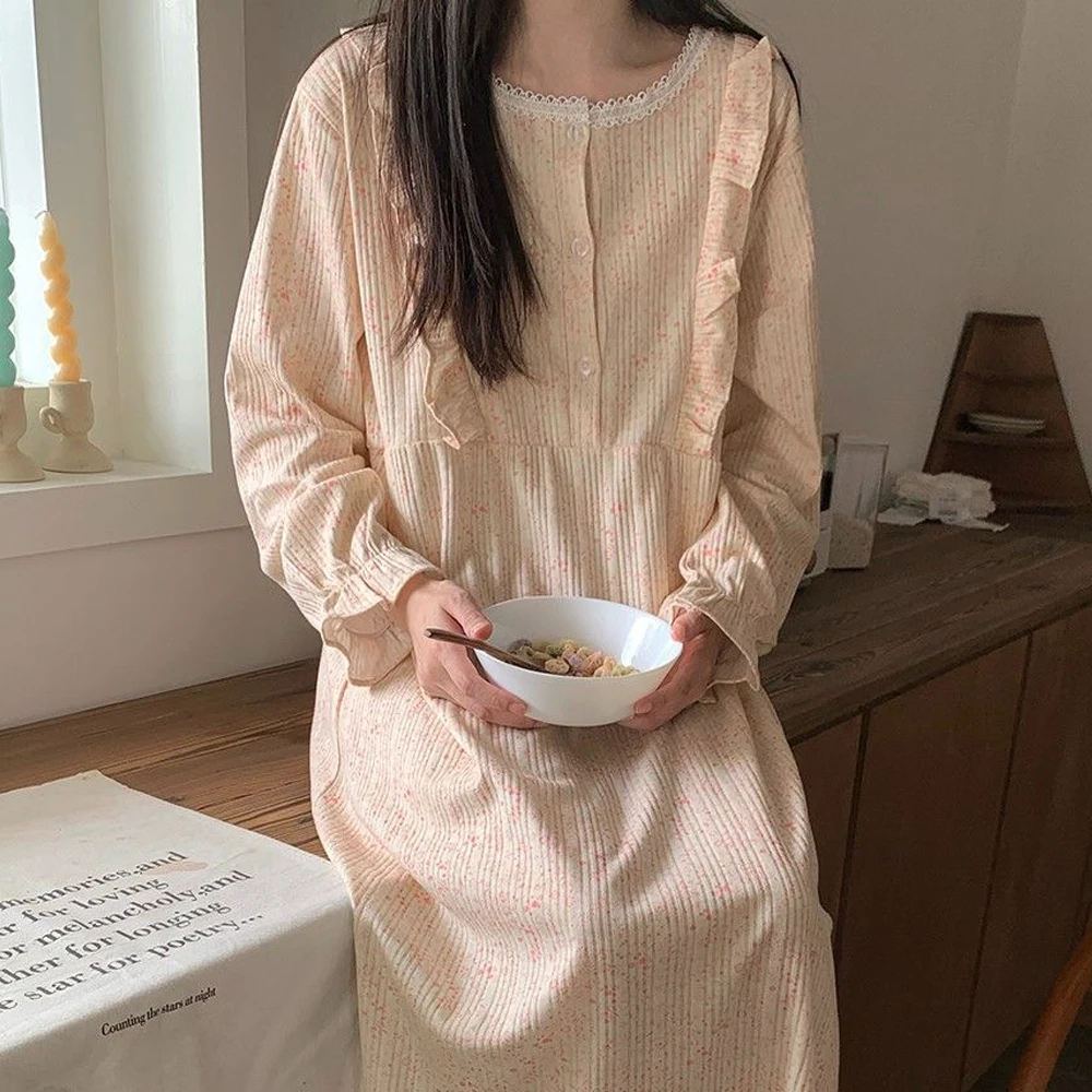 Lace Women Nightgown Korean Sleepwear O-neck Nightwear Print One Piece Pajamas Ruffles Autumn Sleeping Print Night Dress New