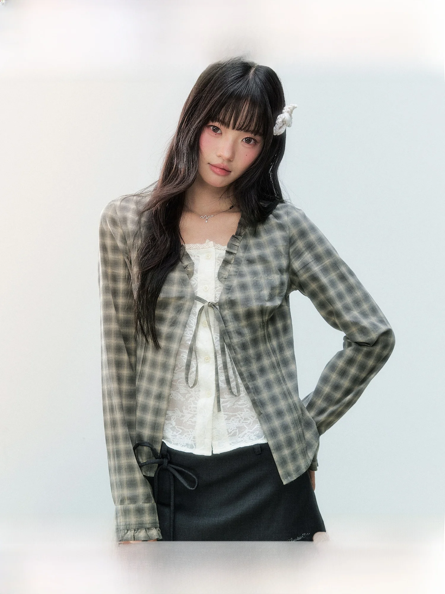 Guukahero Vintage Plaid Long Sleeve Lace Patchwork Women's Shirt Short Style Button Detail Cotton Blend Spring Autumn Fashion
