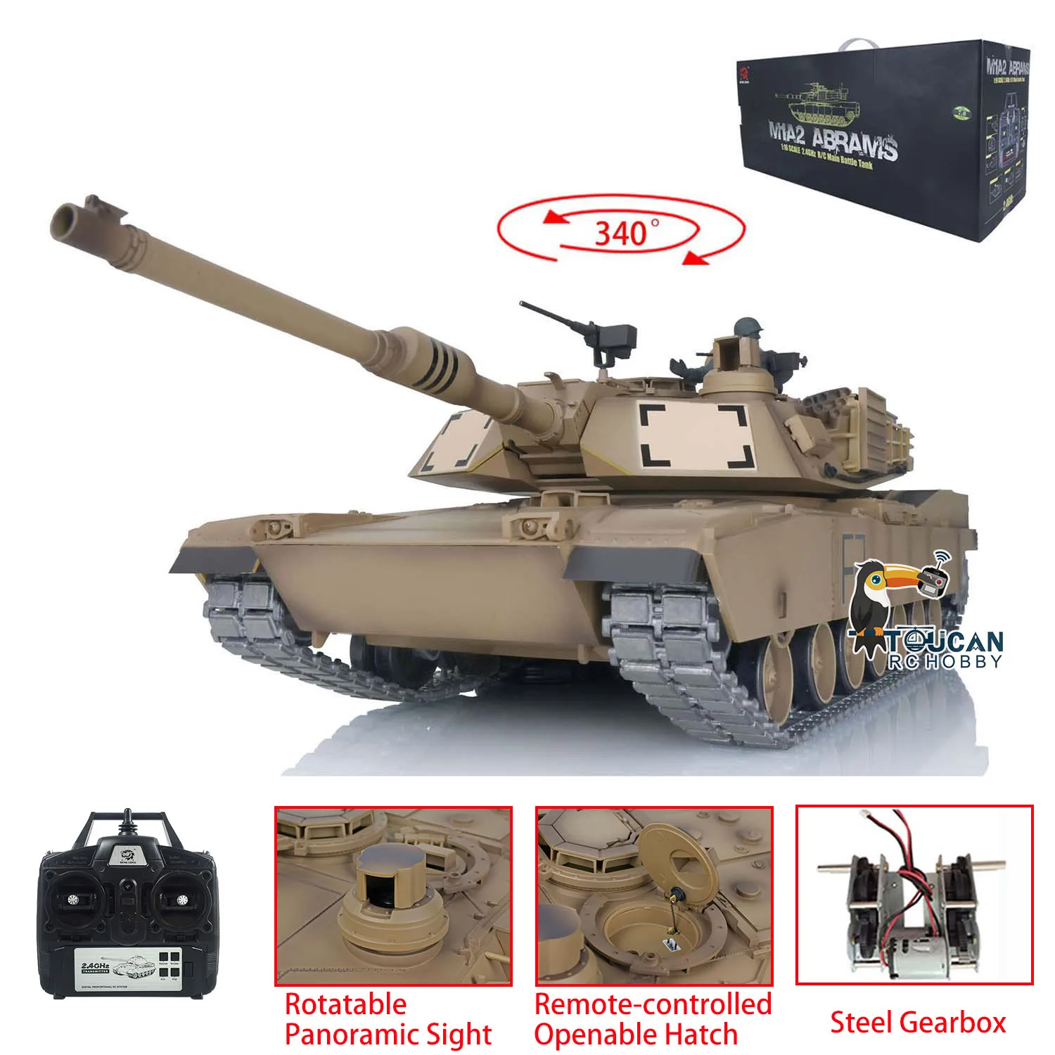 Heng Long 1/16 Scale 7.0 M1A2 Abrams RC Tank Model RTR 3918 Commander Panoramic Sight Rotate Openable Turrent Hatch Toy TH21234