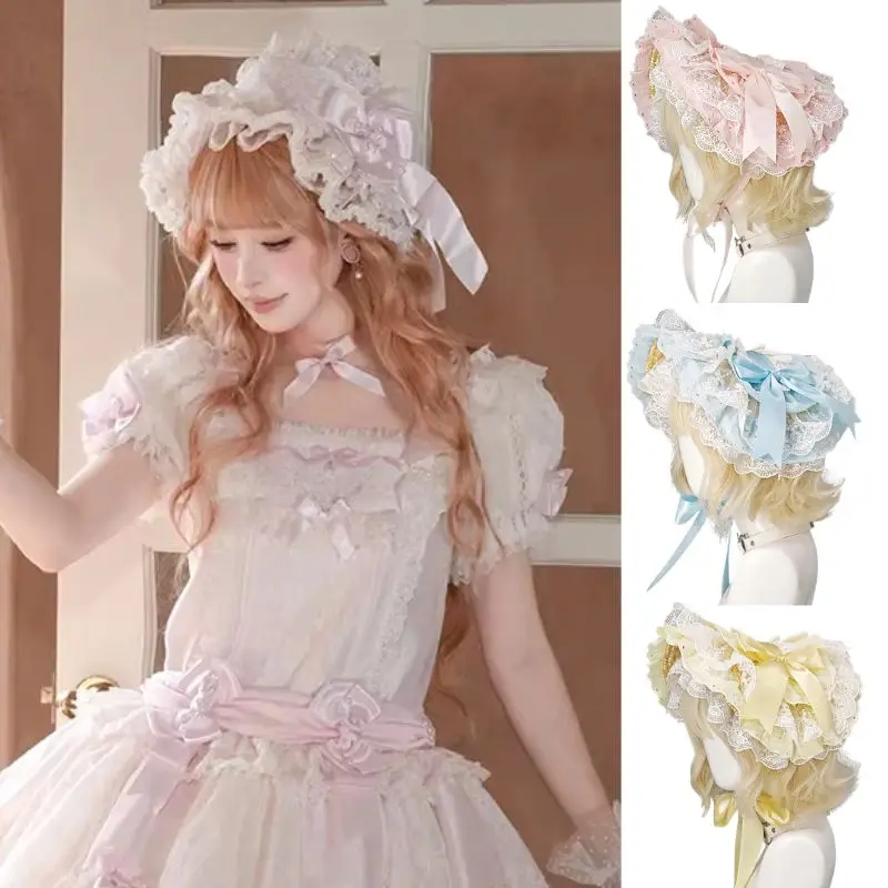 

Vintage Lolita Ribbon Bow Hairband Sweet Ruffle Lace Hat Handmade Cosplay Hair Accessories Anime Maid Cosplay Headdress