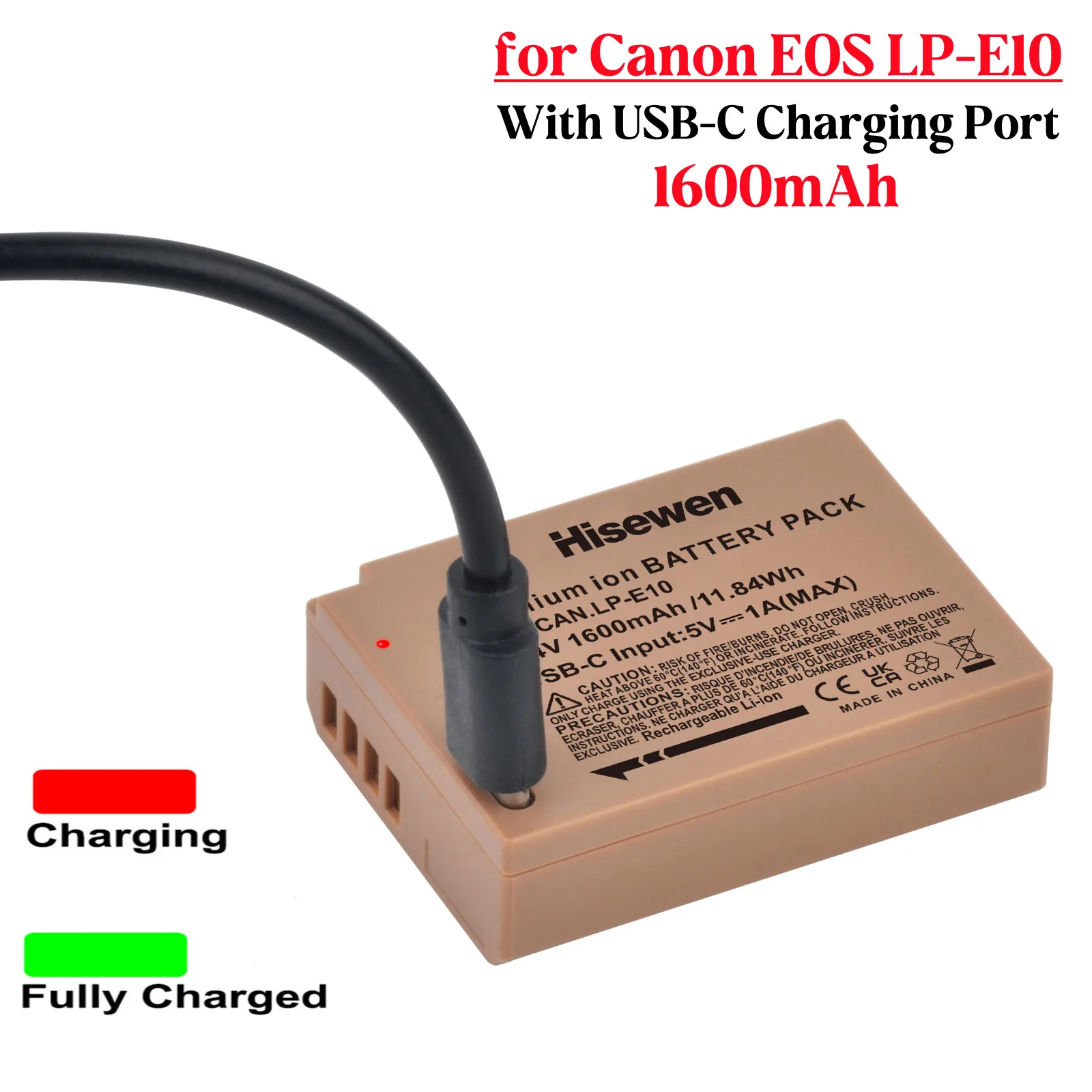 1600mAh LP-E10 LPE10 Battery With USB-C Charging Port for Canon EOS Rebel T3 T5 T6 X50 X80 1100D 1300D 1200D 3000D 4000D Camera