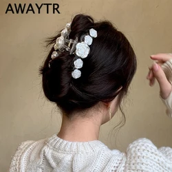 AWAYTR Bride Elegant White Rose Flower Hair Claws Hair Clip Headwear Floral Hairpin Bridal Wedding Hair Accessories Ornament