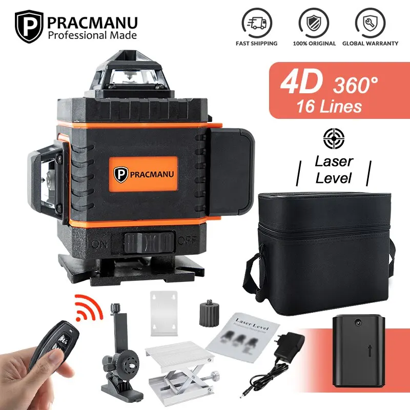 Pracmanu 16 Lines 4D Laser Level Auto Self-Leveling Horizontal And Vertical Cross Line Laser Level Super Powerful Green Beam