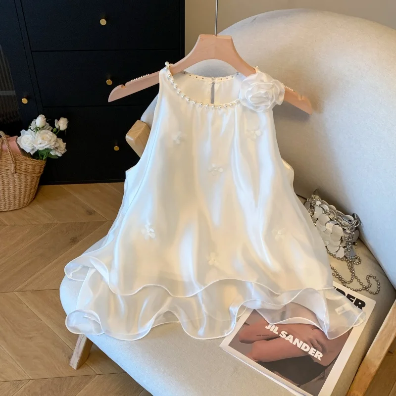 

Pearl Floral Embellished Off-Shoulder Chiffon Blouse Women's Summer New Style Sweet Style Sleeveless Vest Dress Shirt
