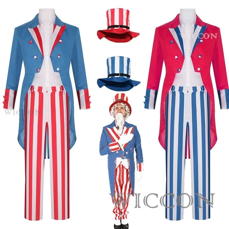 

Us Cosplay Costume Halloween Party Uncle Sam Cosplay Mens Suit Independence Day Stars Stripes American Country Roleplay Tuxedo