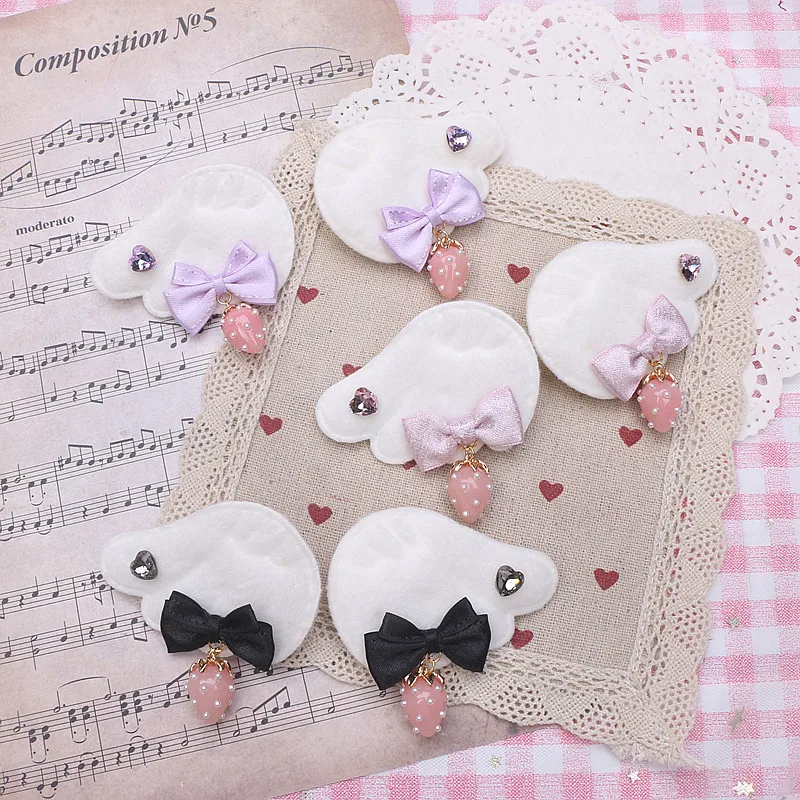 Jirai Kei Cute Cool Wings Hair Clips Strawberry Pendant Hairpin Rhinestone Handmade Small Bow Playful Girl's Gift Hairwear