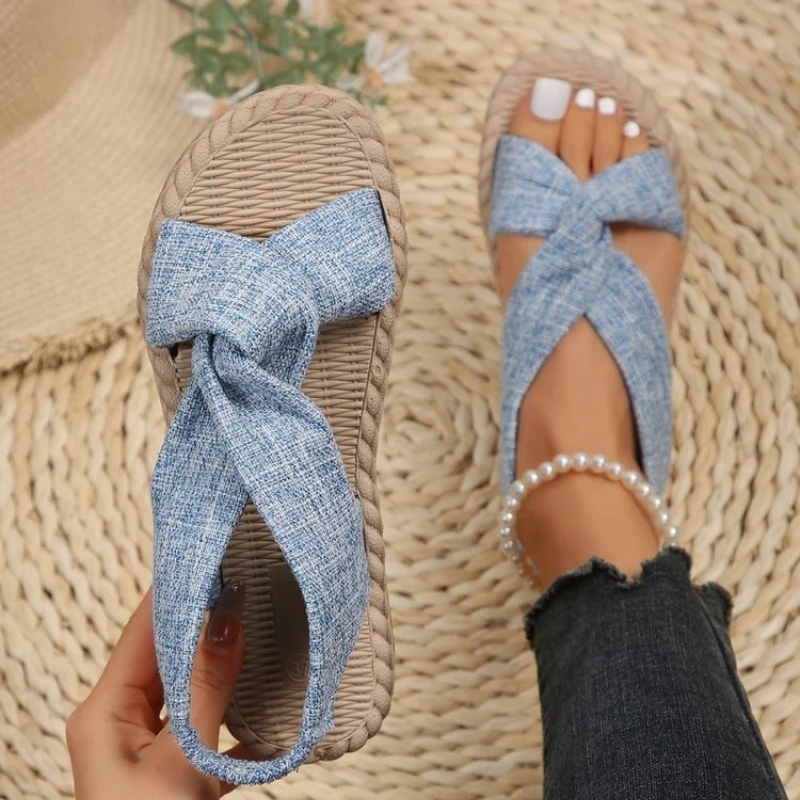 

Women Flat Sandals Linen Cross Knot Summer Beach Shoes Bohemian Straw Texture Soft Sole Casual Open Toe Slides Sandals 2026