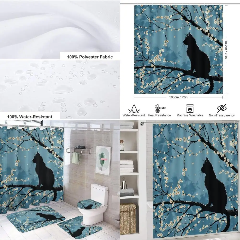 

Vintage Cat & Floral Shower Curtain Set with Toilet Lid Cover and Non-Slip Rugs, 72x72 Inches