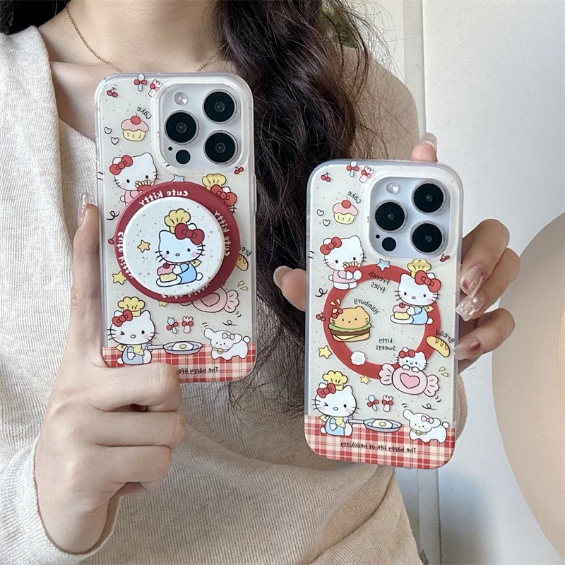 Cute Cartoon Chef Hello Kitty Hamburger Fried Egg Magsafe Wireless Charge Case For iPhone 13 14 15 16 Pro Max KT Magnetic Holder