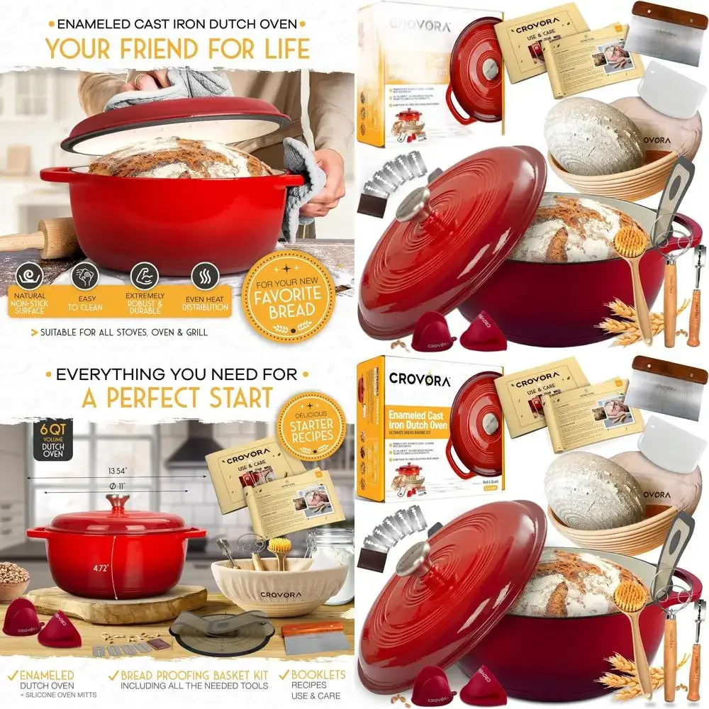 

6-Quart Cast Iron Dutch Oven with Lid for Bread Baking, Complete with Sourdough Supplies: Banneton, Bread Proofing Basket, and T