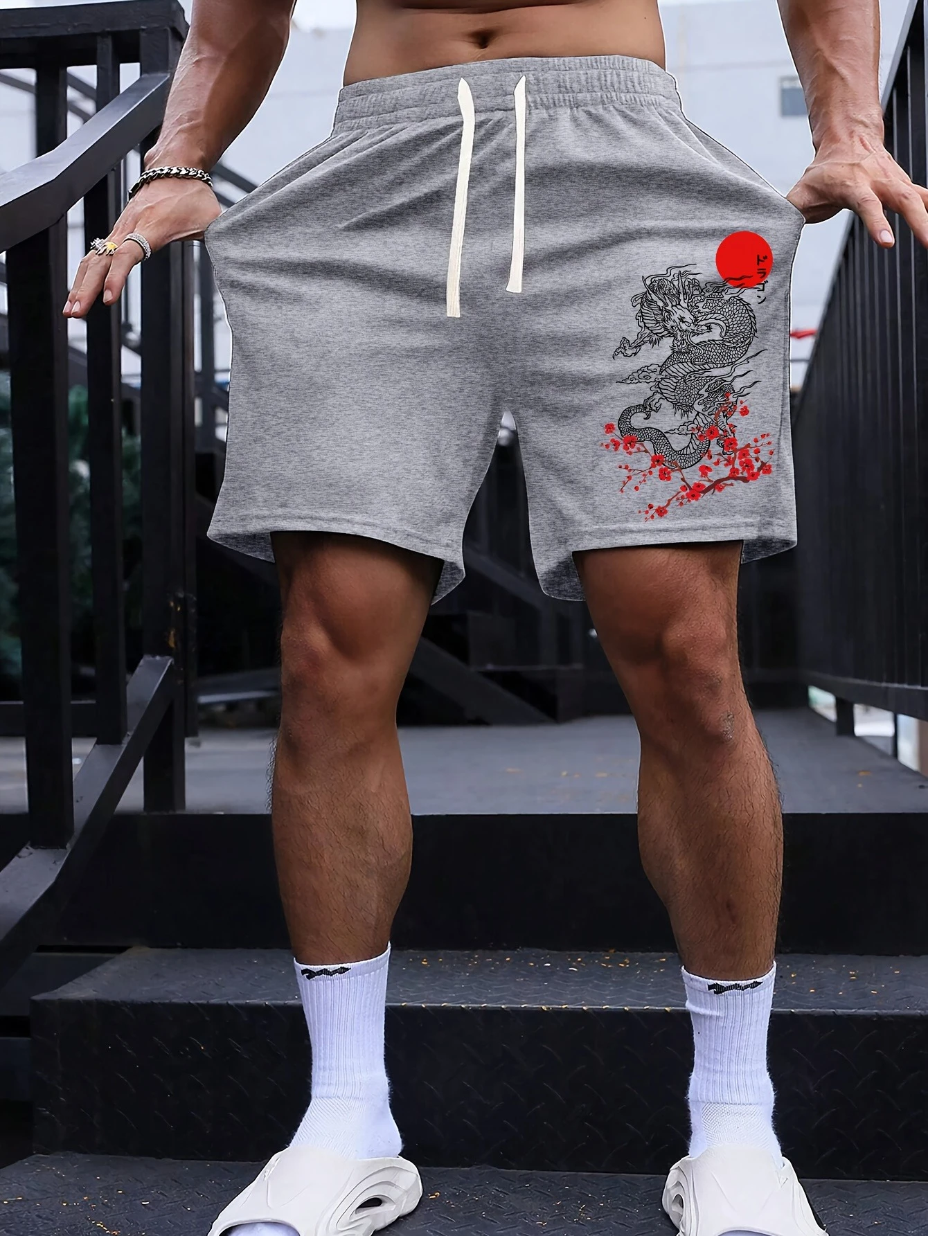 Pantalones cortos informales con estampado de dragón para hombre, cintura elástica holgada con cordón, adecuados para uso diario