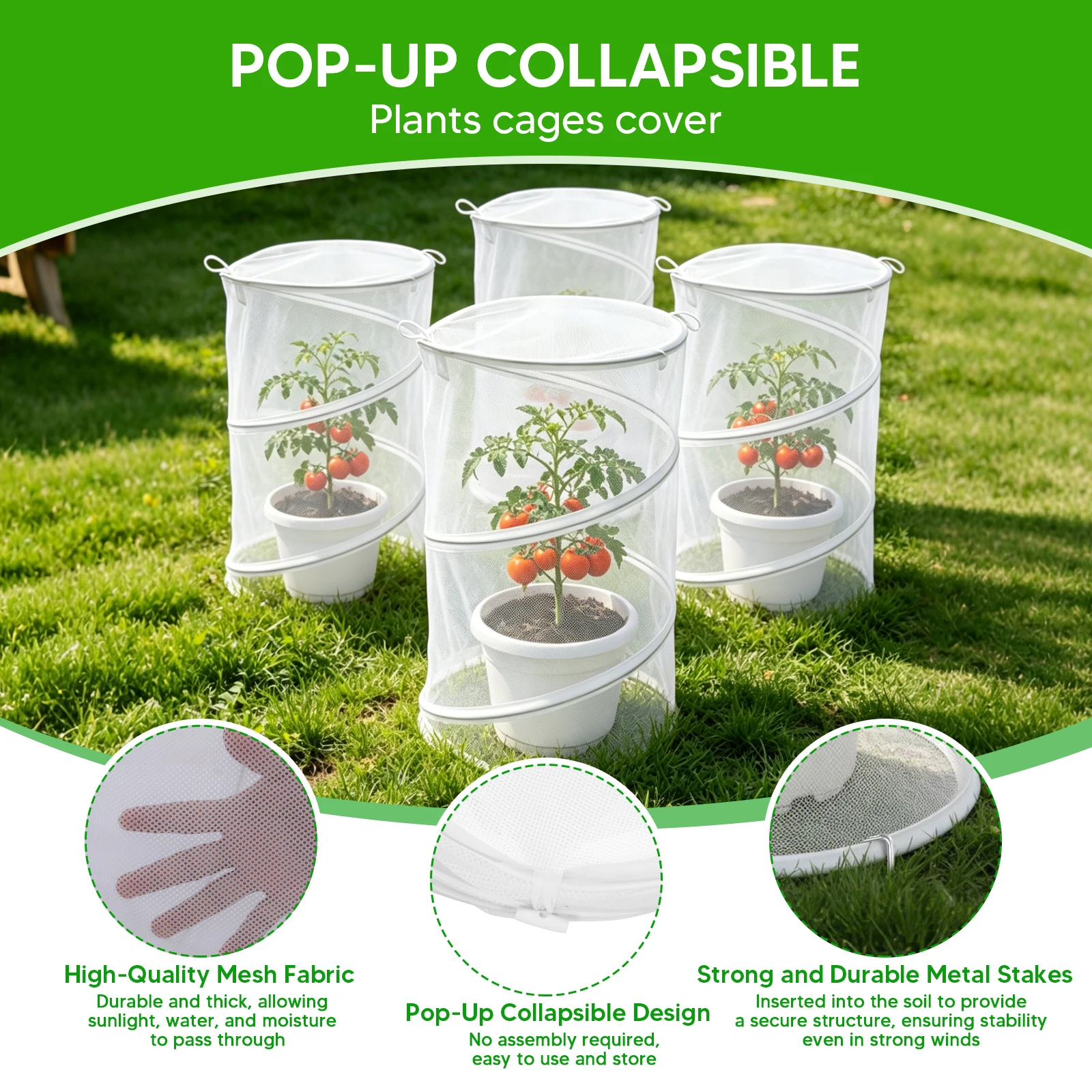 4 Pack Pop Up Plant Covers Tent 14.17x18.89in Mesh Plant Protector Covers for Outdoors with 16 Ground Stakes for Vegetables Flowers (White)