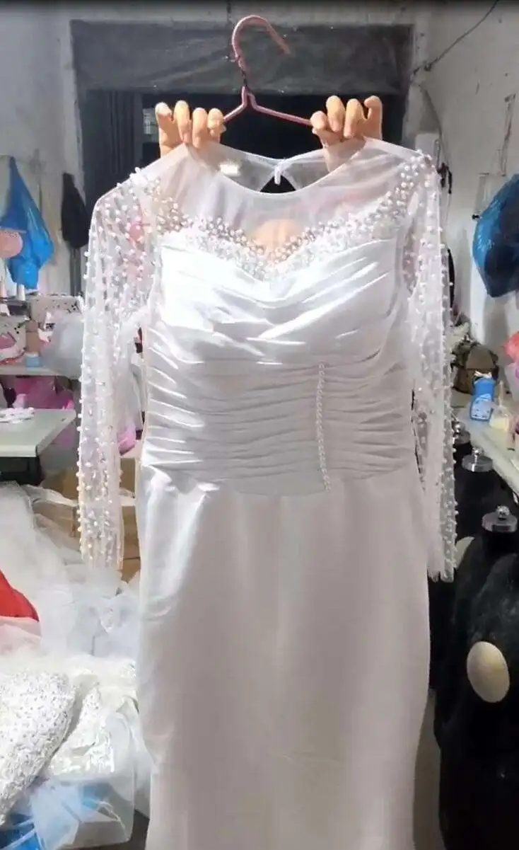 Personalizado personalizar africano blanco perla con cuentas sirena vestidos de novia hechos a medida mangas largas de talla grande cola de pez nupcial 202