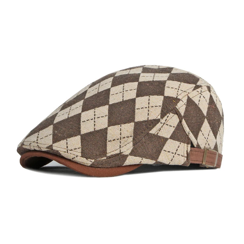 Spring Fall Men\'s Beret Hat Retro Plaid Herringbone Cap Forward Flat Peaked Cap Women Dailywear Sunshade Cabbie Driving Hat