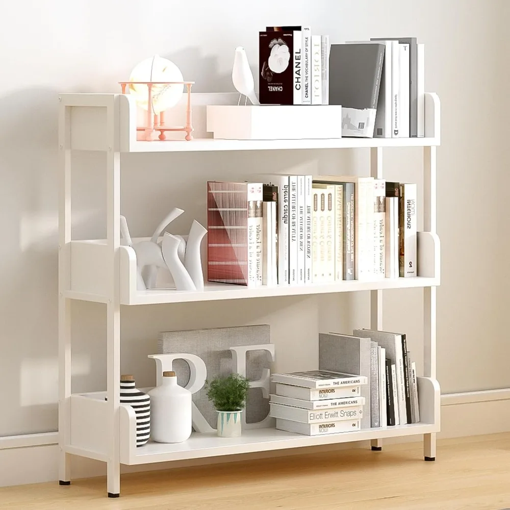 Wide Open Bookshelf Bookshelf - Modern 3 Level Floor Standing Display Bookshelf with Top Edge and Metal Frame for Home Office,