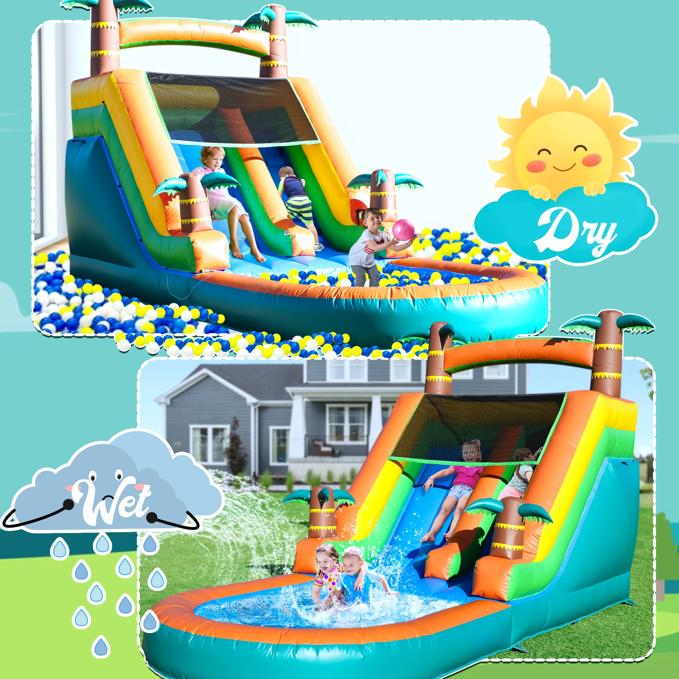 21FT Kommerzielles aufblasbares Hüpfhaus Tropische Wasserrutsche Pool 750W Gebläse Kinderspielplatz, Kinderspielzeug